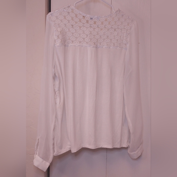 Calvin Klein White Chiffon Lace Crochet Detail Blouse Size Small Sheer Top Boho - Picture 10 of 11